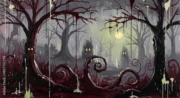 Fototapeta Spooky forest with glowing eyes and dripping paint