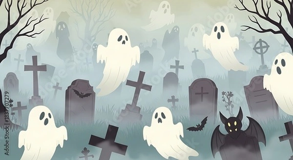 Fototapeta Spooky Halloween Cemetery Scene with Ghosts and Bats