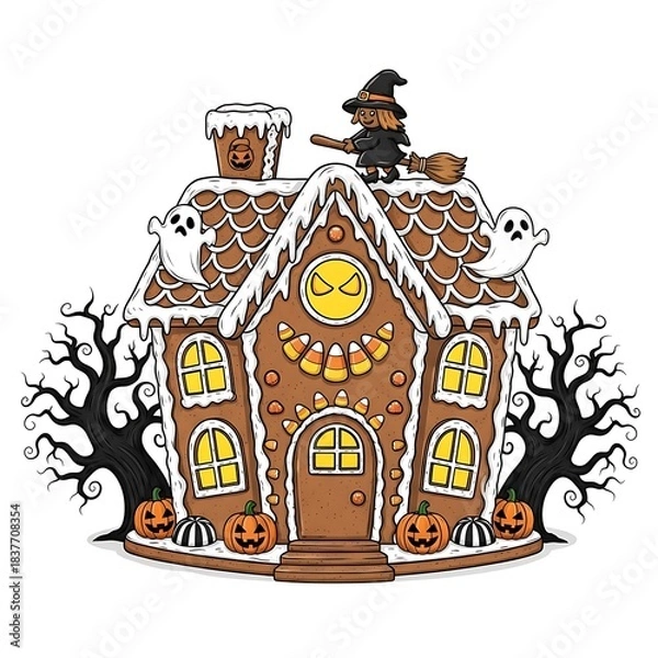 Fototapeta Spooky Halloween Gingerbread House with Witch and Ghosts