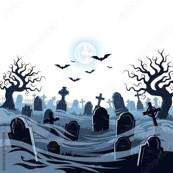 Fototapeta Spooky Halloween Graveyard with Moon and Bats cemetery