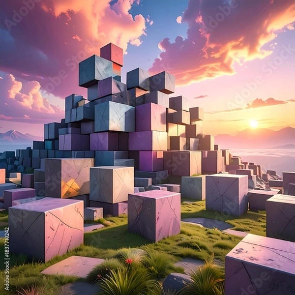 Fototapeta Cubist structure on grassy terrain under a vibrant sunset sky