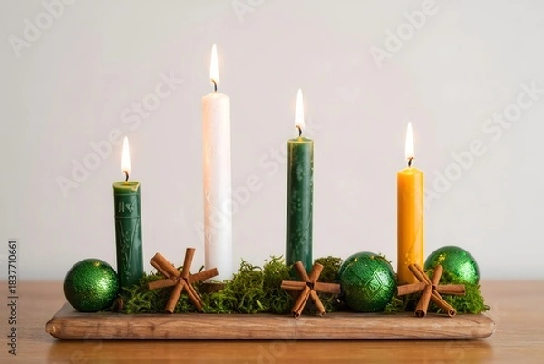 Fototapeta Advent Wreath with Four Lit Candles on Wooden Board