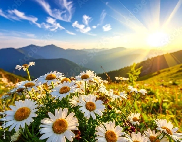 Fototapeta Daisies bloom in a sunny mountain meadow, against a scenic backdrop
