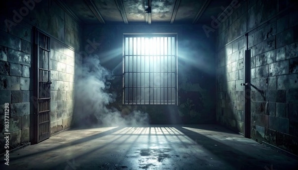 Fototapeta Dark, dilapidated prison cell with barred window, light, and fog