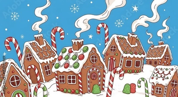 Fototapeta Whimsical Gingerbread Village with Candy Canes and Snowflakes