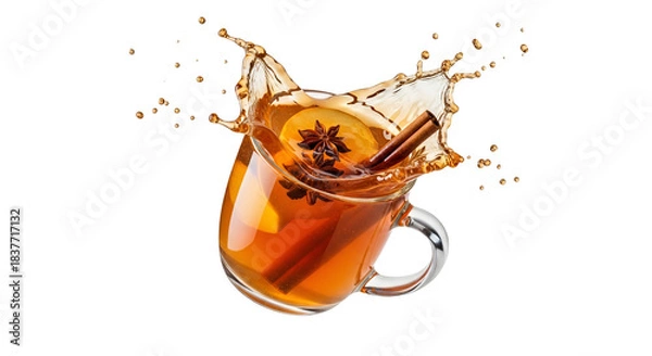 Fototapeta Hot spiced cider explosion with cinnamon and star anise creating dynamic splash isolated on white backdrop
