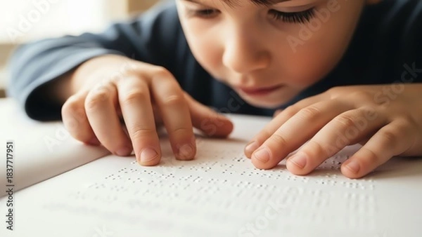Fototapeta Boy reading braille book close up
