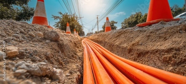 Obraz The Orange Conduit Cables Laid in a Trench for Fiber Network Installation