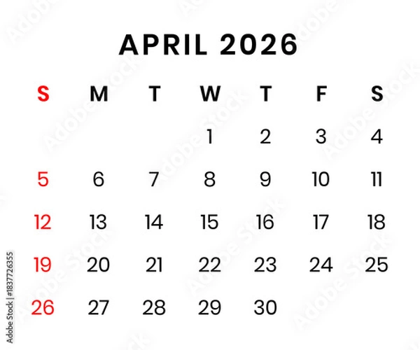 Fototapeta April 2026 Calendar png transparent background	