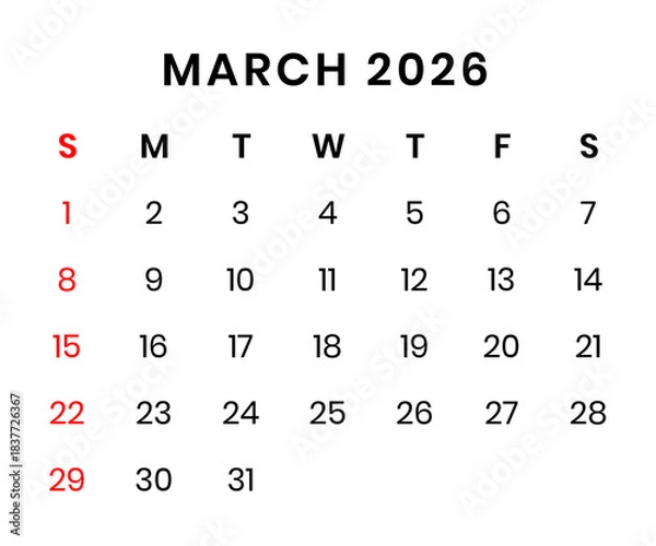 Fototapeta March 2026 Calendar png transparent background	