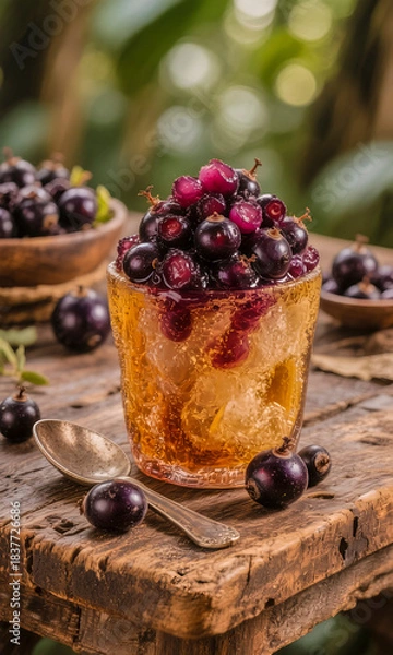 Obraz Glass of refreshing jabuticaba, an exotic and unique Brazilian berry that grows directly on the tree trunk, served on a rustic wooden table with a natural green background.