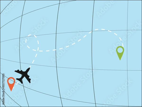 Fototapeta Navigational Flight Path: An airplane traces its journey across a stylized world map, marked by a dotted flight path and location markers indicating the origin and destination of the trip.