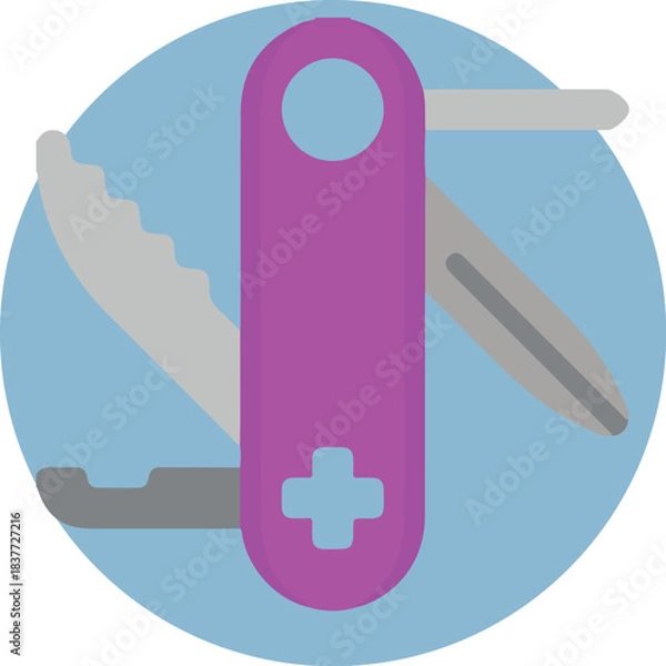 Fototapeta Swiss Army Knife: A close-up view of a versatile multi-tool, showcases its diverse array of implements within a circular design.