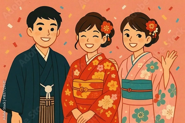 Obraz 和装の若い男女3人が笑顔で並ぶ成人式のイラスト。振袖や羽織袴などの伝統衣装を着た明るい雰囲気の人物イメージ。