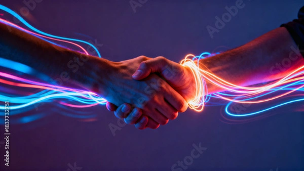 Obraz Dynamic Handshake with Neon Light Trails Representing Unity and Collaboration