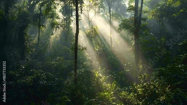 Fototapeta Golden sunlight shining through deep rainforest high resolution picture