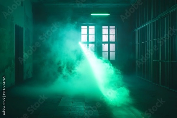 Fototapeta Haunting green fog settling inside ruined space high resolution picture