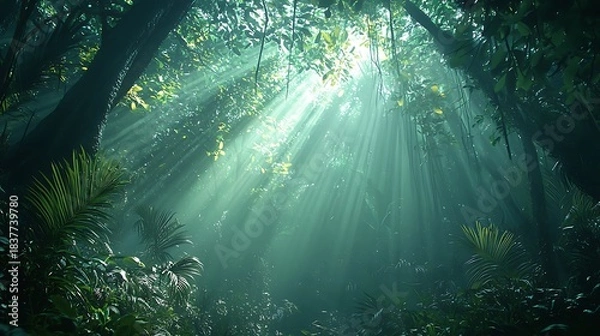 Fototapeta Tropical rainforest illuminated by soft sunlight high resolution picture