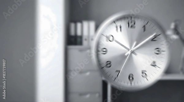 Obraz Blurred office clock face with silver hands and numbers time motion