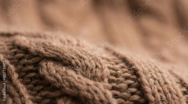 Obraz Close up of brown cable knit wool fabric texture image