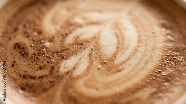 Obraz Close up of frothy coffee with latte art and cocoa powder cappuccino hot drink