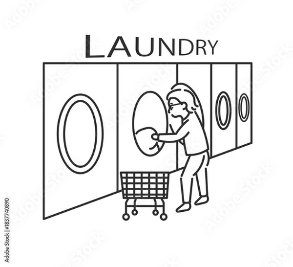 Fototapeta コインランドリーを利用する40代女性のイラスト　線画のみ