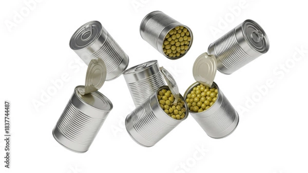 Obraz Assortment of metallic food cans containing fresh vegetables ready for consumption or emergency food storage needs isolated on white background