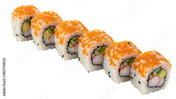 Obraz Delicious and Vibrant California Sushi Rolls Topped with Tobiko Roe on a White Background