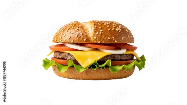 Obraz Appetizing Sesame Seed Burger with Fresh Ingredients on a White Background to Present its Culinary Attributes