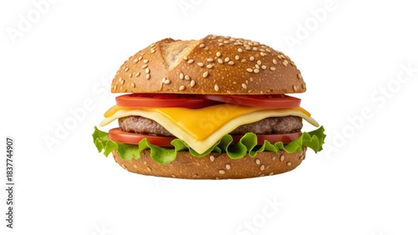 Obraz Classic cheeseburger presentation with sesame bun, fresh tomato, and lettuce on a bright white background