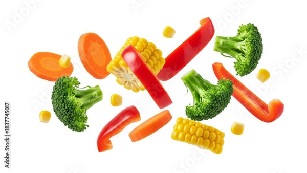 Obraz Floating vegetable assortment composition with dynamic movement and isolated elements on pure white backdrop creating visual freshness
