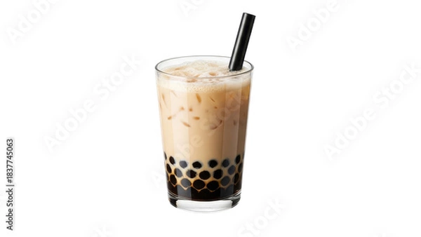 Obraz Delicious Refreshment: A Glass of Iced Bubble Tea with Tapioca Pearls on a Clean White Backdrop