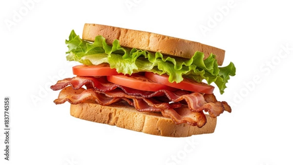 Obraz Delicious blt sandwich with crispy bacon, fresh tomato, and vibrant lettuce against a pure white backdrop creating a mouthwatering visual appeal