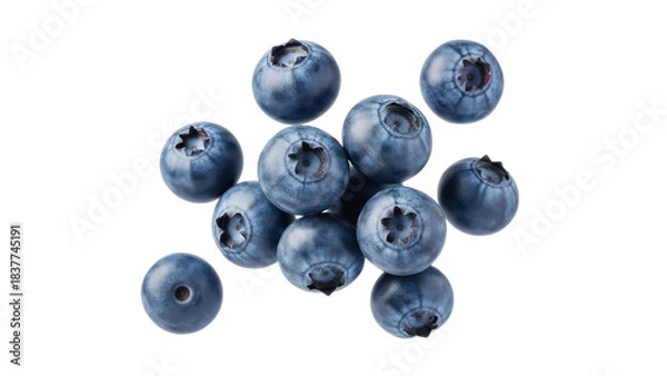 Obraz A Cluster of Fresh Blueberries Floating Against a Pristine White Backdrop, Showcasing Their Vibrant Color and Natural Texture