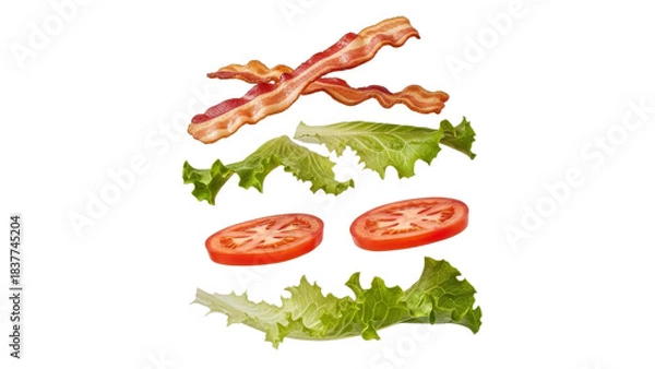 Obraz Floating sandwich ingredients creating a dynamic visual composition of crispy bacon, fresh lettuce and ripe tomato slices on a pristine white backdrop