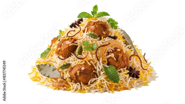 Obraz Exquisite close-up of chicken biryani with aromatic spices and fresh herbs isolated on a white backdrop offering a captivating culinary experience