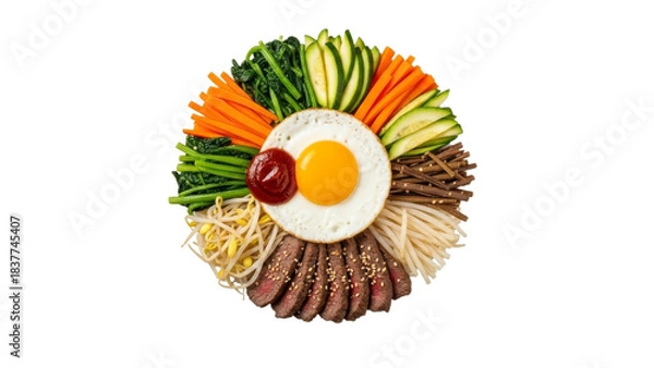 Obraz Vibrant bibimbap composition with fresh vegetables, marinated meat and sunny side up egg showcasing the korean cuisine and culinary presentation