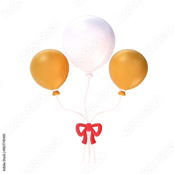 Obraz A 3D stylized bunch of three balloons (one white, two gold/orange) tied together with a red bow.