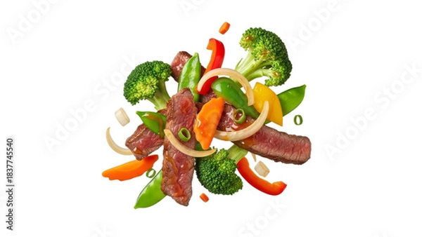 Obraz Aerial culinary composition of succulent steak strips and vibrant garden vegetables gracefully suspended in a pristine white space