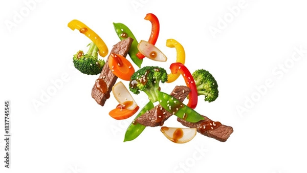 Obraz Dynamic Food Still Life Featuring Colorful Vegetables and Tender Beef Cubes Suspended Against a White Background
