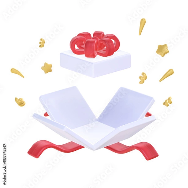 Obraz A 3D stylized open white gift box with a red ribbon and gold confetti popping out.