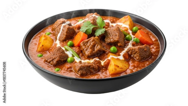 Obraz Hearty beef stew in a bowl, garnished with fresh herbs and cream sauce, offering a warm and comforting culinary experience