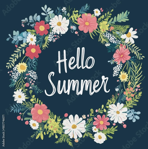 Fototapeta Vector wreath of flowers. Flat illustration. "Hello Summer". Invitation, greeting card