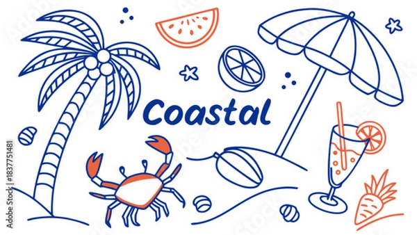 Fototapeta Coastal summer doodle elements Vector