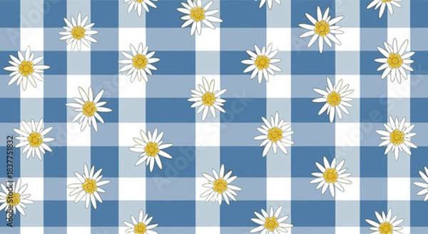 Fototapeta A charming seamless pattern of scattered white daisies with yellow centers over a classic blue and white gingham check background.