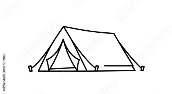 Fototapeta A simple black line art icon of a classic A-frame camping tent, isolated against a clean white background for easy use.