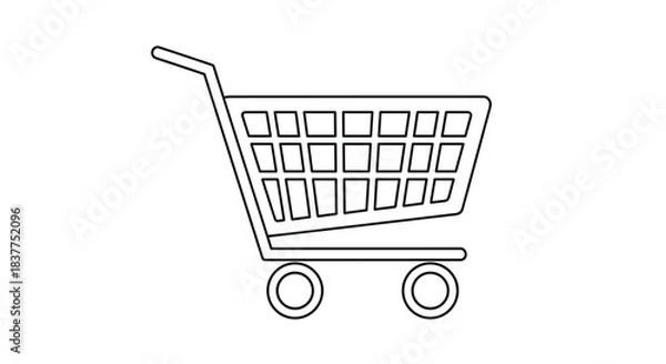 Fototapeta A minimalist black line art icon of a supermarket shopping cart or trolley, viewed from the side, on a white background.