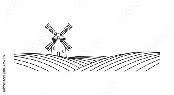Fototapeta A serene and minimalist line art illustration of a traditional windmill standing on rolling hills with plowed fields in the foreground.