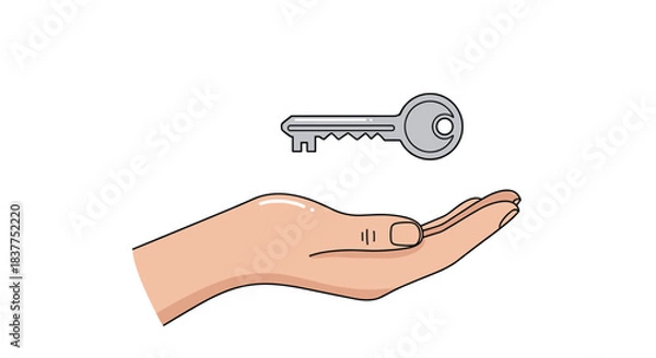 Fototapeta A simple cartoon illustration of a hand held open with a silver house key floating just above the palm on a white background.