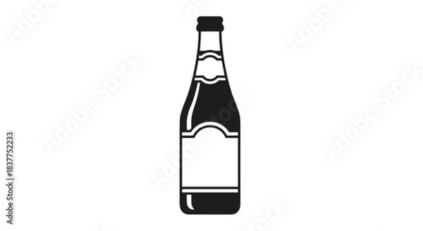 Fototapeta A simple black and white silhouette icon of a classic beer bottle with a blank label area, isolated on a white background.
